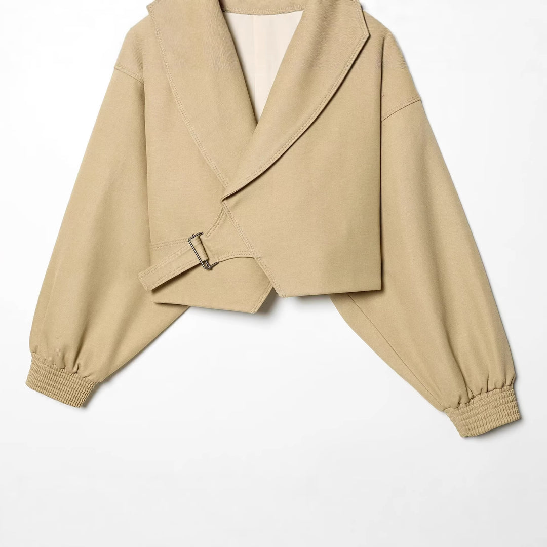 Damen Cropped Trenchjacke mit weitem Schalkragen, Bindegürtel und Ballonärmeln Echoarchiv