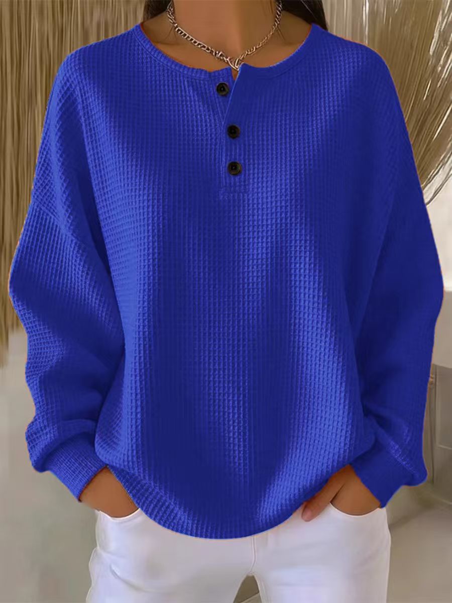 Damen nan Oversized Waffelstrick Henley-Pullover mit Knopfleiste und abgerundetem Saum Echo Archiv
