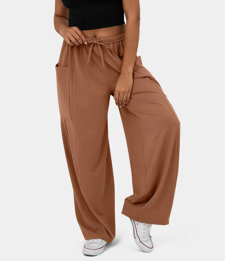 Damen Weite Relax‑Hose mit hohem Elastikbund, Tunnelzug und großen Cargo-Taschen – Avérine