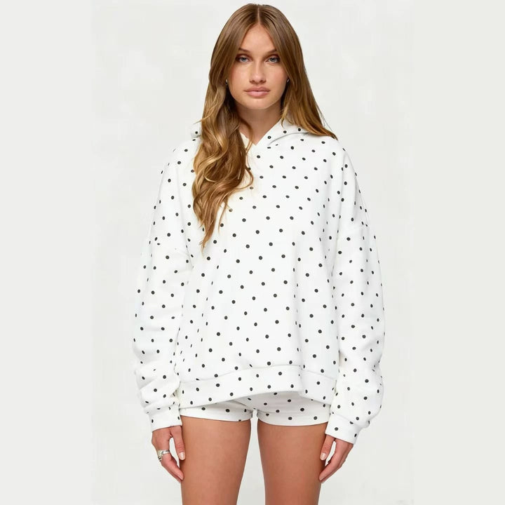 Damen nan gepunktetes Komfort-Set mit Kapuzensweatshirt, Kängurutasche und Shorts Echo Archiv