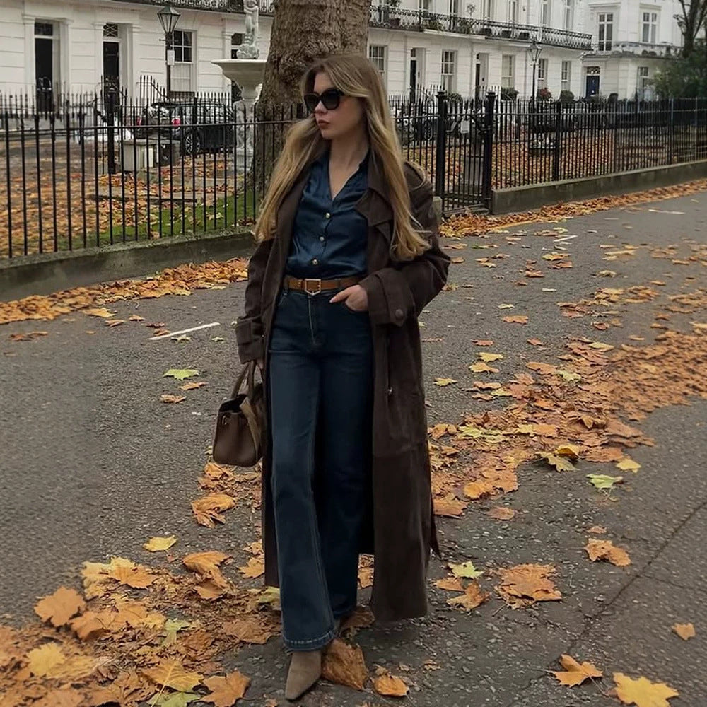 Damen Langschnitt Wildleder-Trenchcoat mit Oversize-Kragen und Bindegürtel Echoarchiv
