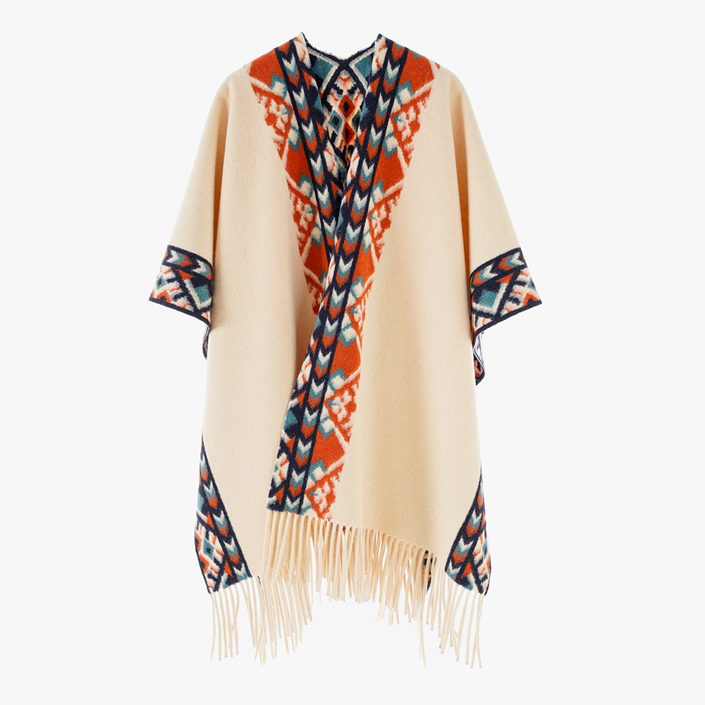 Damen Poncho‑Überwurf mit Ethno-Jacquard und Fransensaum Echo Archiv