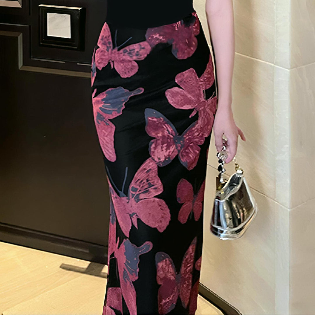 Damen elegantes Maxikleid mit floralem Schmetterlingsmuster und fließendem Stoff Echo Archiv
