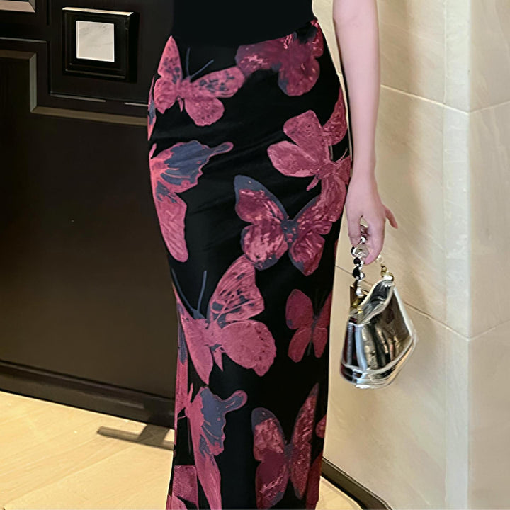 Damen elegantes Maxikleid mit floralem Schmetterlingsmuster und fließendem Stoff Echo Archiv