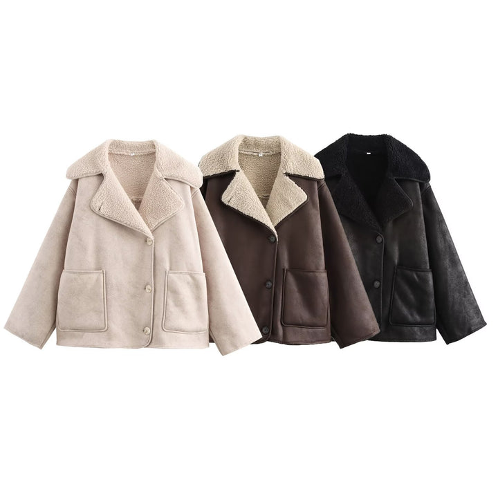 Damen Kurz geschnittener Oversized Lammfellimitat-Mantel mit Teddy-Kragen Echo Archiv