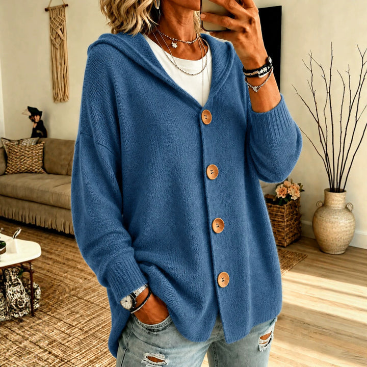 Damen Kapuzen-Cardigan Oversize mit Holzknöpfen und Rippbündchen – Veloura