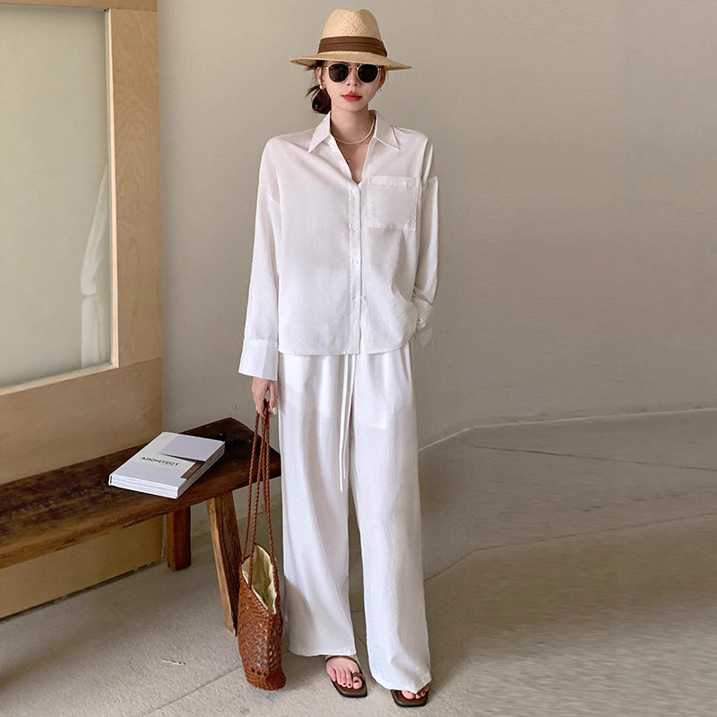 Damen Zweiteiliges Leichtes Loungewear-Set mit Oversize-Hemd und weiter Kordelbund-Hose – Élanora