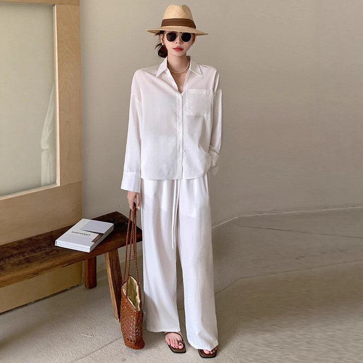 Damen Zweiteiliges Leichtes Loungewear-Set mit Oversize-Hemd und weiter Kordelbund-Hose – Élanora