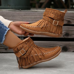 Damen Boho-Fransen-Ankleboots im Mokassinstil mit Nietenbesatz und Zierschnalle Echo Archiv
