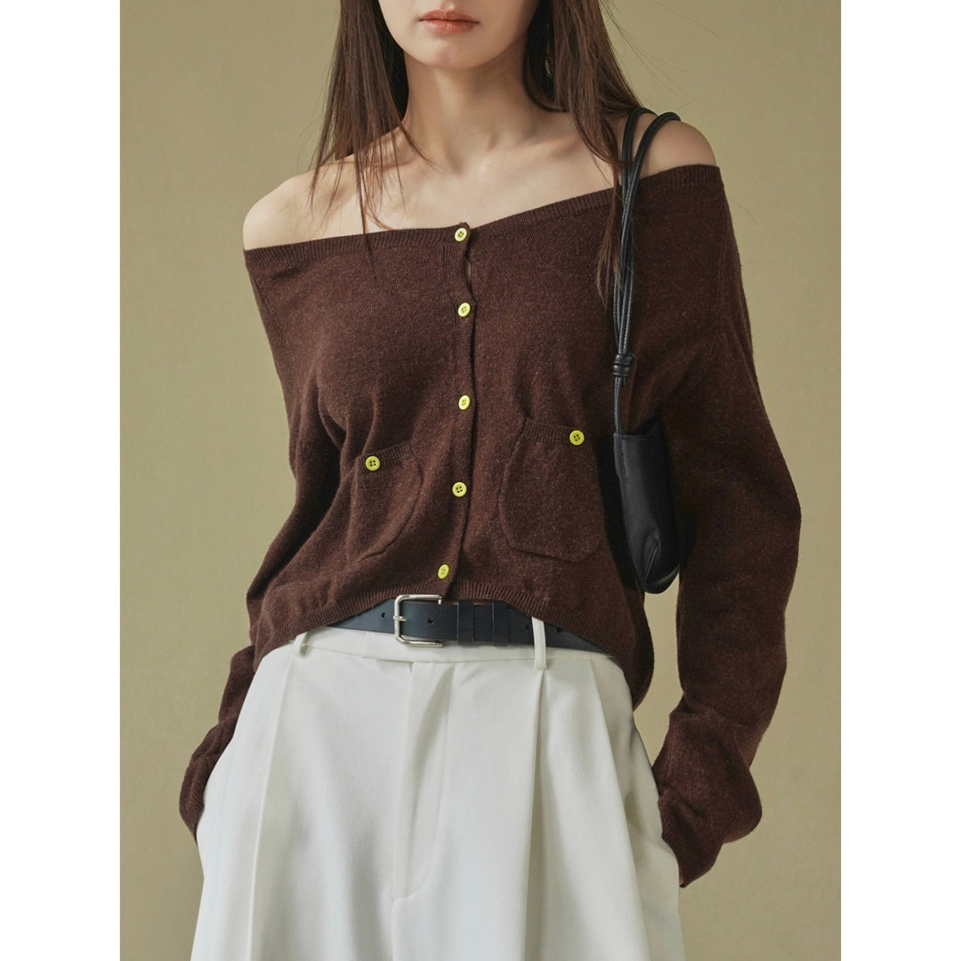 Damen Off-Shoulder Feinstrick-Cardigan mit Eingrifftaschen Echoarchiv
