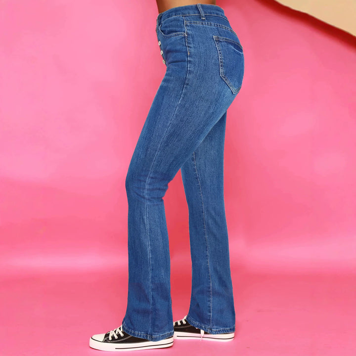 Damen sculpting Hochtaillierte Flared-Jeans mit sichtbarer Knopfleiste Echo Archiv