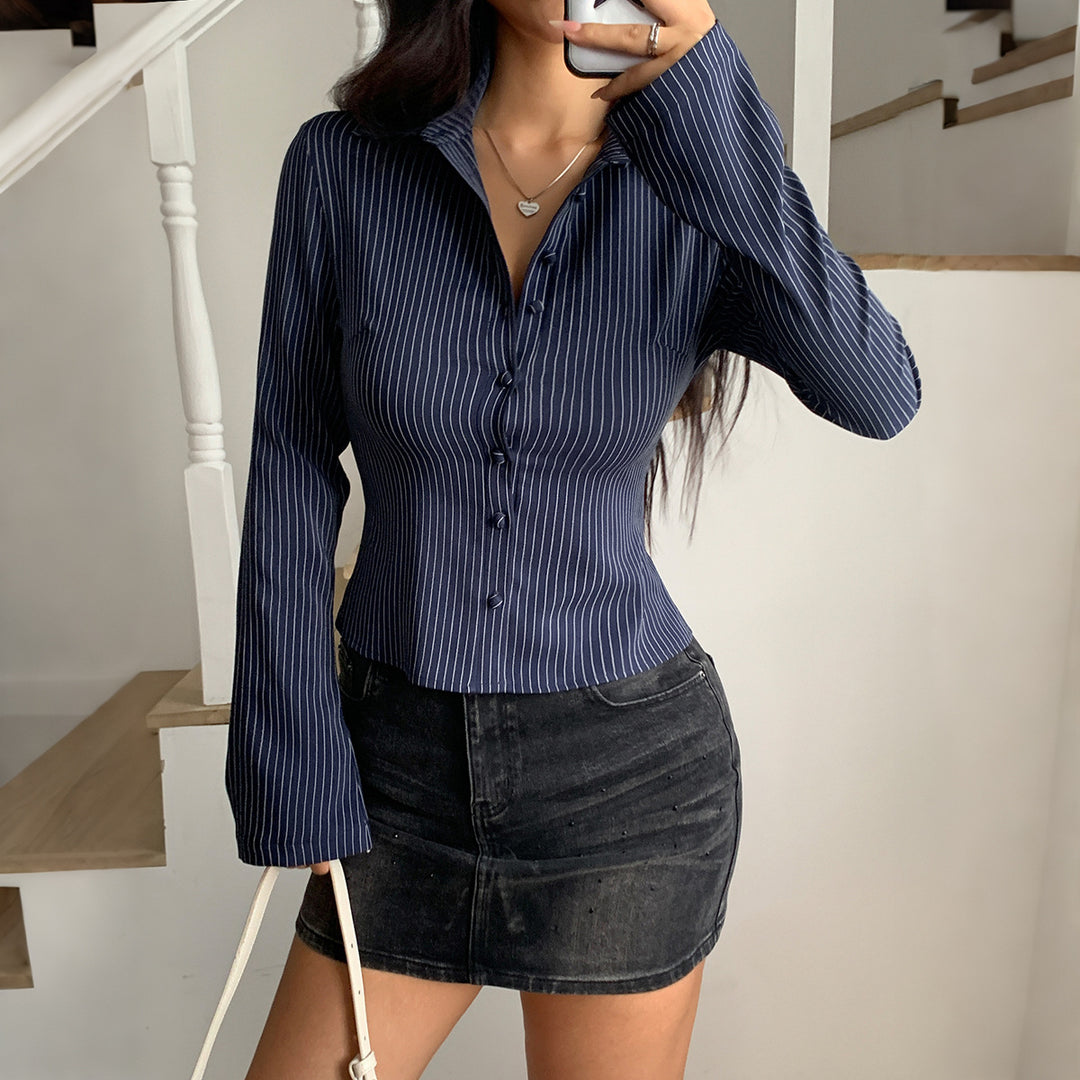 Damen nan taillierte Nadelstreifen-Bluse mit Hemdkragen und figurformender Knopfleiste Echo Archiv