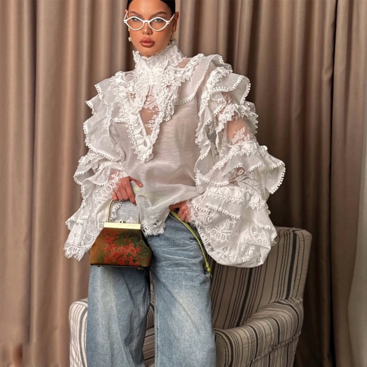 Damen Transparente Spitzenbluse mit Volant-Ärmeln und hohem Stehkragen Echoarchiv