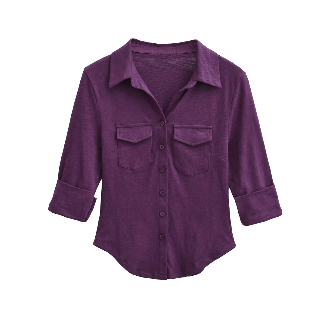 Damen Hemdbluse aus weichem Jersey mit aufgesetzten Brusttaschen und dreiviertelärmeln Echoarchiv