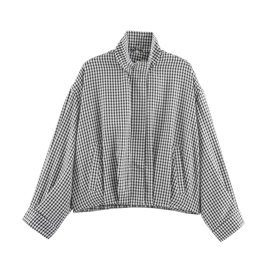 Damen Karo-Übergangsjacke im Oversize-Cropped-Schnitt mit hohem Stehkragen Echo Archiv