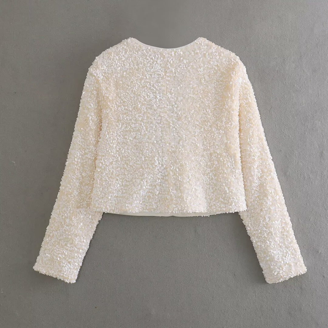 Damen glitzernde Cropped-Bolerojacke mit Paillettenbesatz und dekorativen Satinschleifen – Célinea