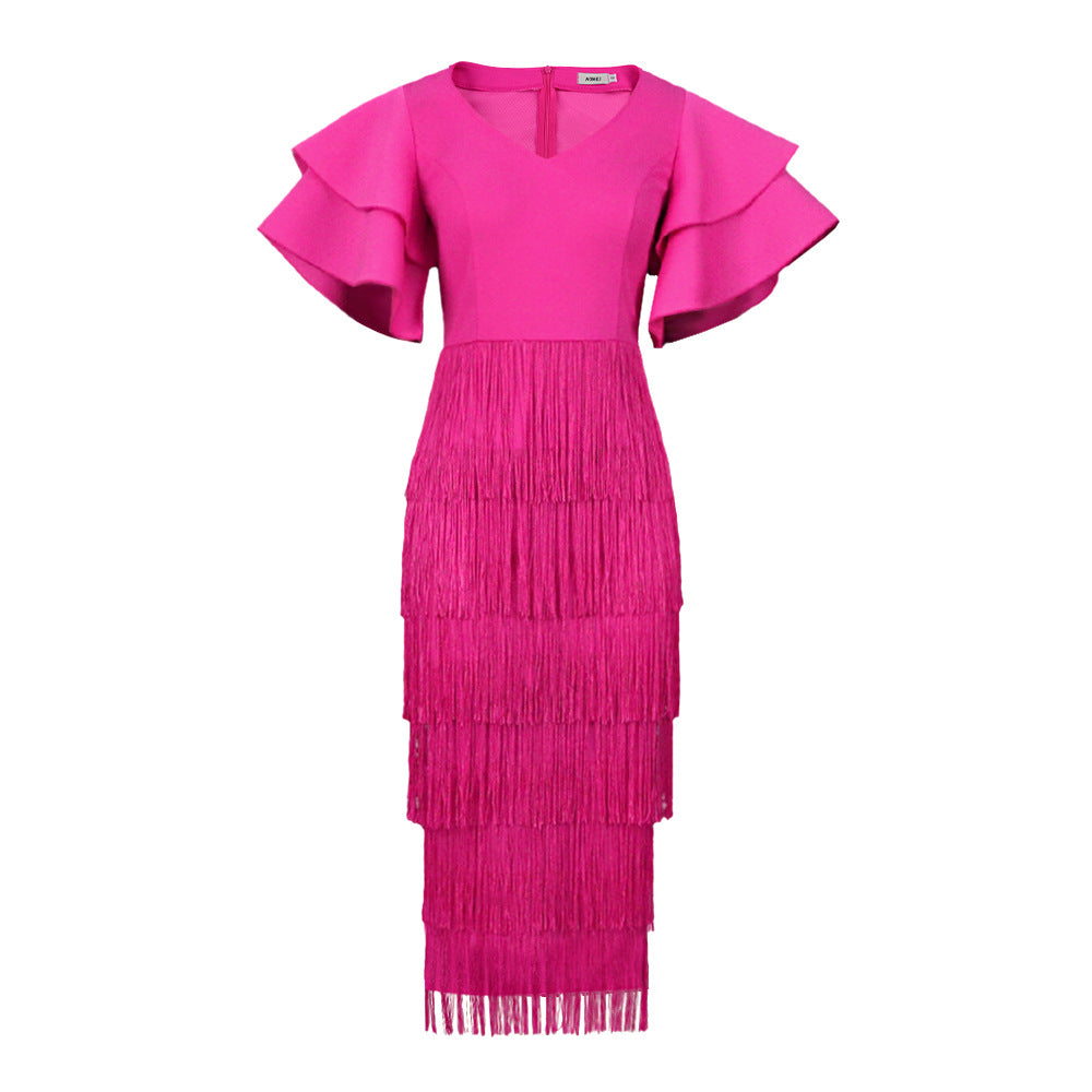 Damen Cocktailkleid mit voluminösen Rüschenärmeln und Fransen-Saum Echo Archiv