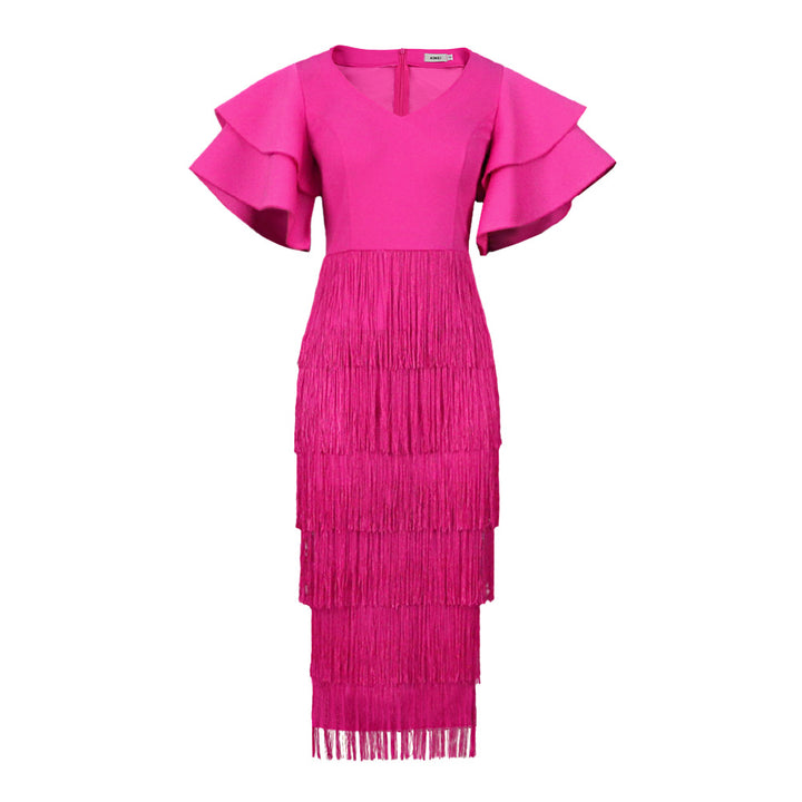 Damen Cocktailkleid mit voluminösen Rüschenärmeln und Fransen-Saum Echo Archiv