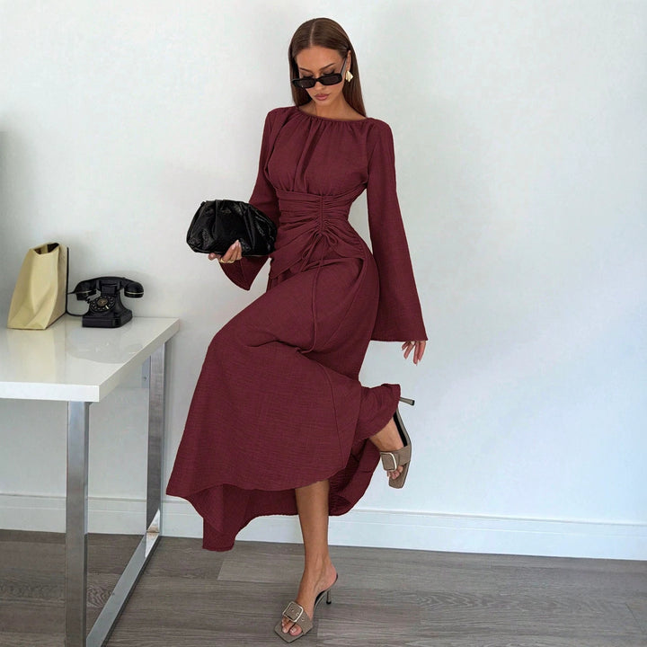 Damen Maxikleid mit geraffter Taillen-Schnürung, weiten Ärmeln und fließendem Rock Echo Archiv