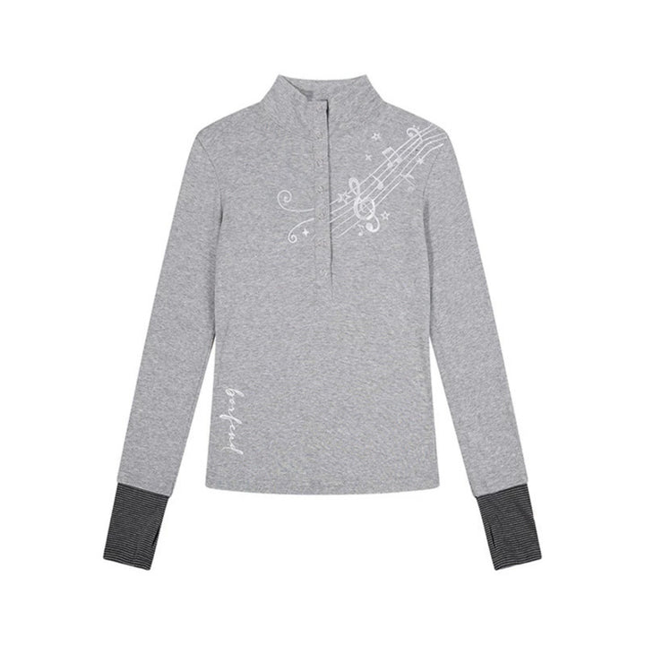 Damen Langarmshirt mit Henley-Knopfleiste, Kontrastbündchen und Notenprint Echoarchiv