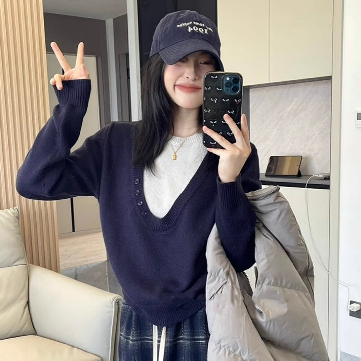 Damen Tiefer V‑Ausschnitt Feinstrickpullover mit Layering‑Effekt und leichter Taillierung Echoarchiv