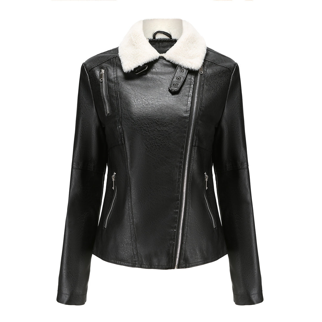Damen nan taillierte Kunstleder-Bikerjacke mit abnehmbarem Kunstfellkragen und schrägem Reißverschluss Echo Archiv