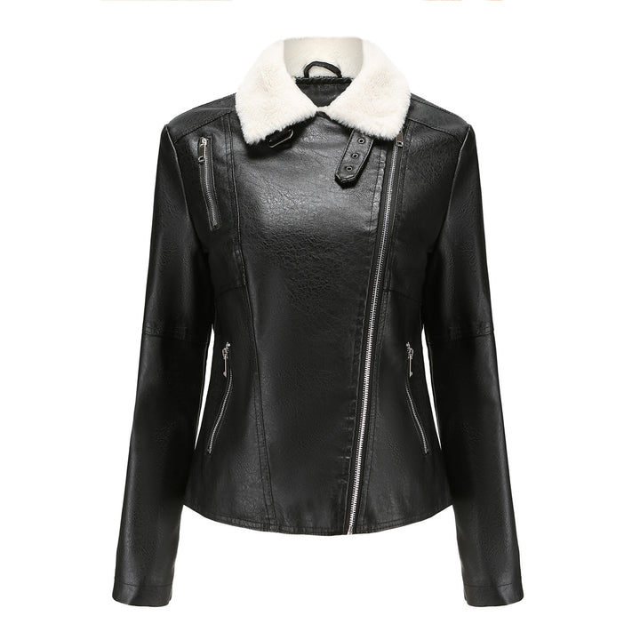 Damen nan taillierte Kunstleder-Bikerjacke mit abnehmbarem Kunstfellkragen und schrägem Reißverschluss Echo Archiv