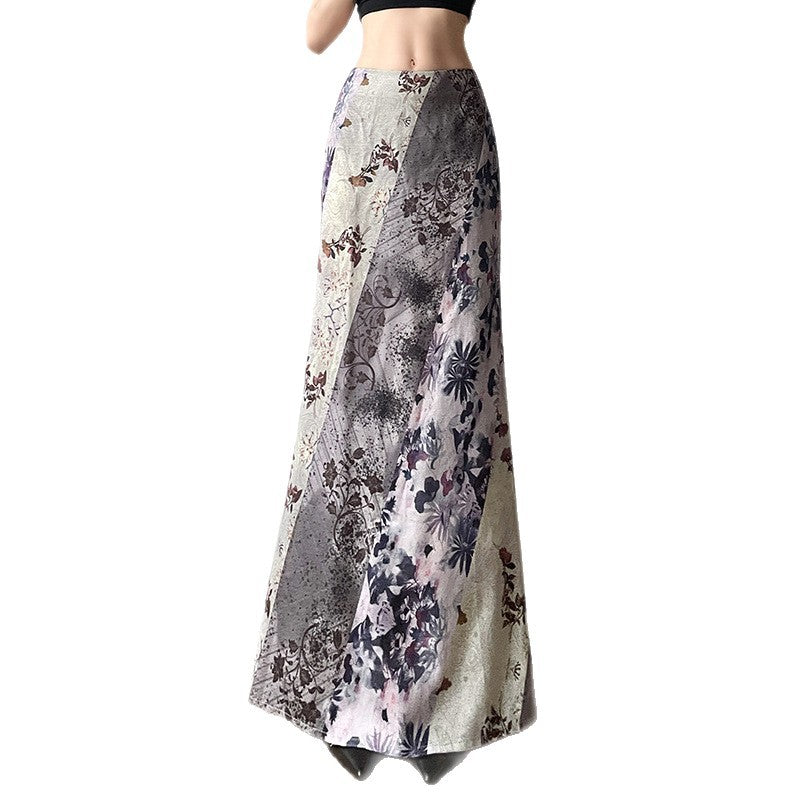 Damen Langer Maxirock mit diagonalen Patchwork-Prints und schlanker A-Linie Echo Archiv