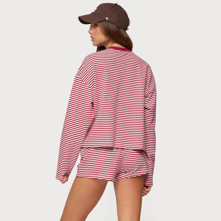 Damen Lässiges Streifen-Loungewear-Set mit langärmligem Oberteil und kurzer Hose Echo Archiv