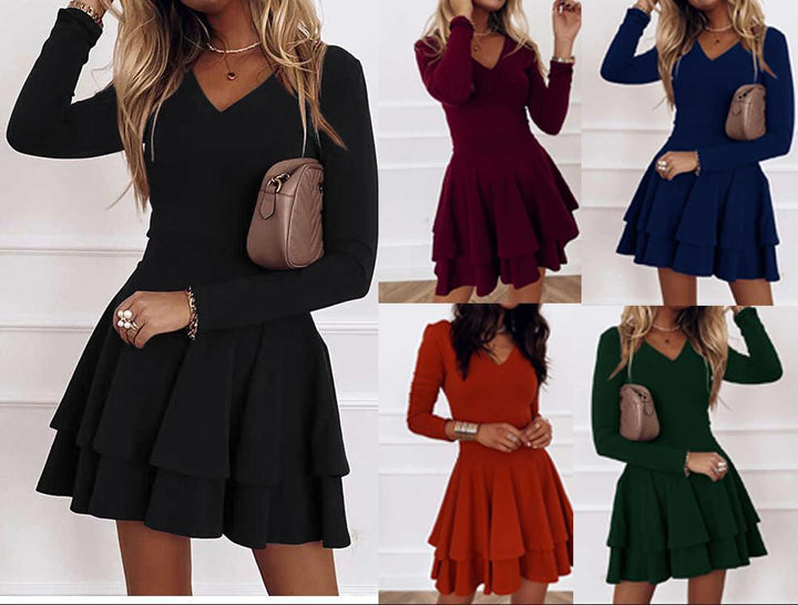 Damen V-Ausschnitt Kleid mit voluminösem Rock und langen Ärmeln Echoarchiv