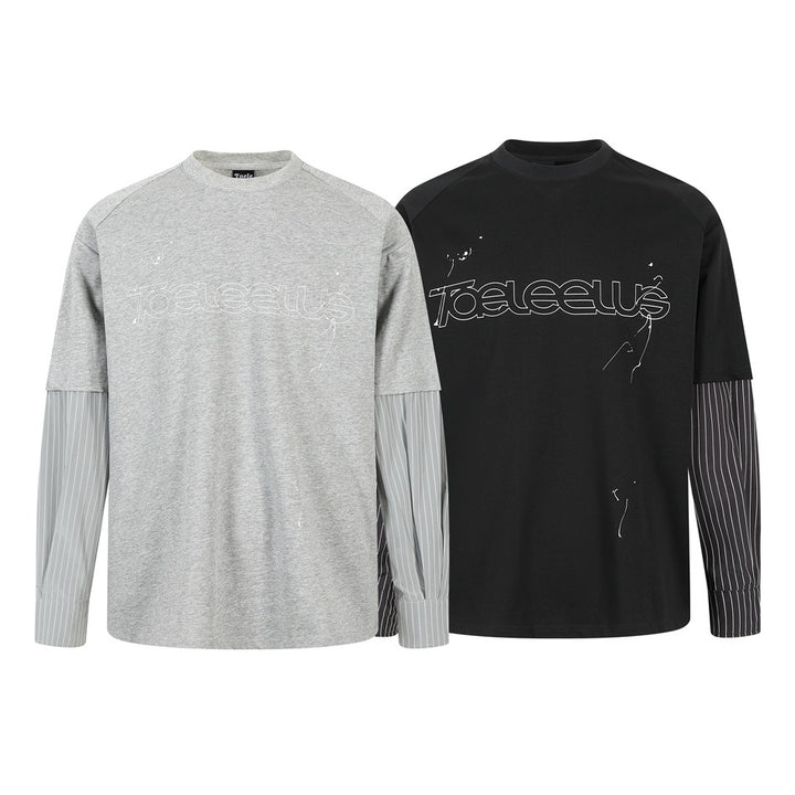 Unisex Lagen-Langarmshirt mit Halbarm-Overlay, gestreiften Einsatzärmeln und Ton-in-Ton-Logo Echoarchiv