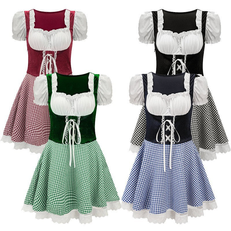 Damen nan tailliertes Trachtenkleid mit geschnürter Miederfront und karierter Rockpartie Echo Archiv