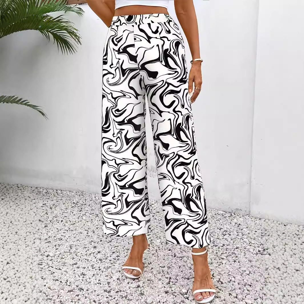 Damen Weite Palazzo-Hose mit Modernem Marmorprint und Elastischem Bund Echoarchiv