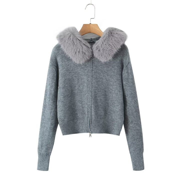 Damen Kurze Strickjacke mit Reißverschluss und abnehmbarem Kunstpelzkragen Echo Archiv