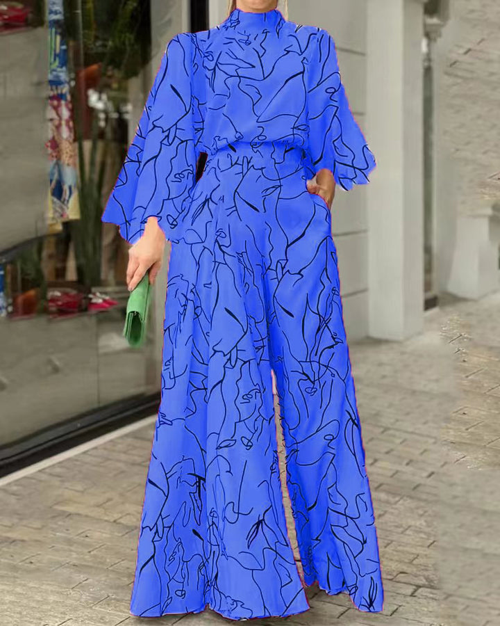 Damen Eleganter Longline Jumpsuit mit Stehkragen, Ballonärmeln und Seitentaschen Echoarchiv