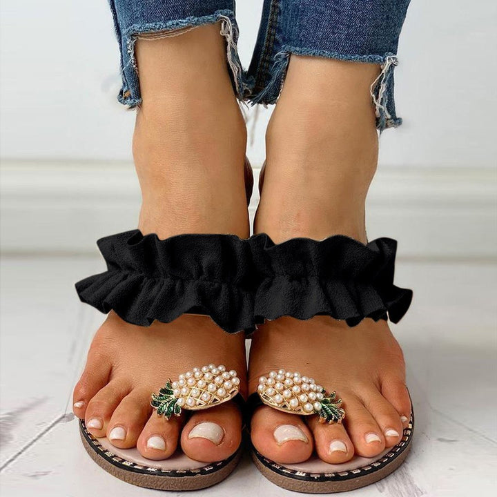 Damen nan Rüschen-Slipper mit Perlen-Ananas-Applikation und dekorativer Zierkante Echo Archiv