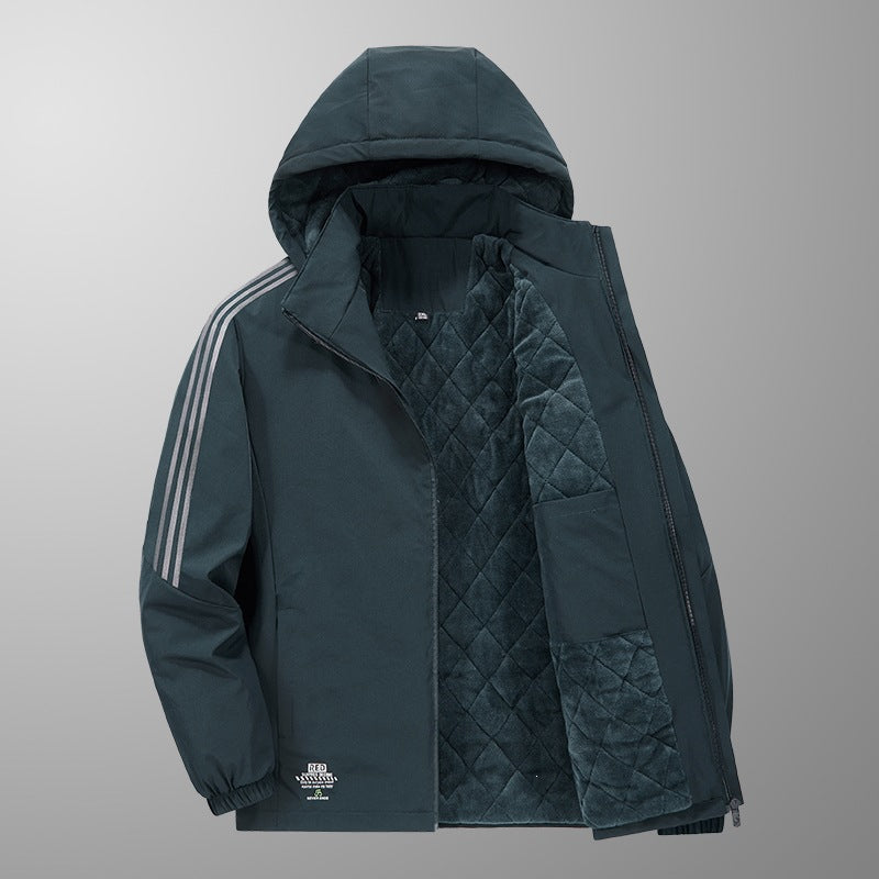 Herren Wattierte Kapuzen-Übergangsjacke mit gesteppter Teddy-Innenfütterung und markanten Ärmellängsstreifen Echoarchiv