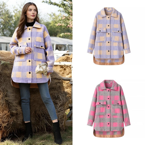 Damen Oversize Karierte Hemdjacke mit aufgesetzten Pattentaschen und verlängertem Saum Echo Archiv