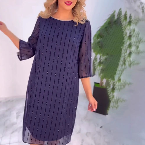 Damen nan elegantes Chiffon-Midikleid mit vertikaler Pailletten- und Perlenapplikation sowie transparenten Dreiviertelärmeln Echo Archiv