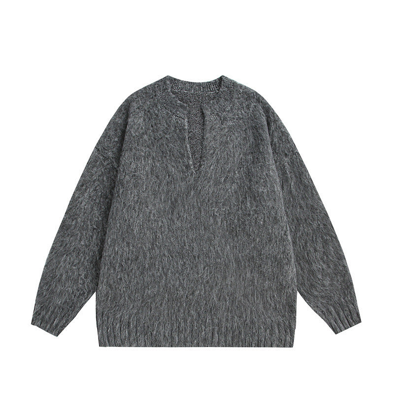 Unisex Oversize-Flauschpullover mit V-Schlitzkragen und Bouclé-Optik Echo Archiv
