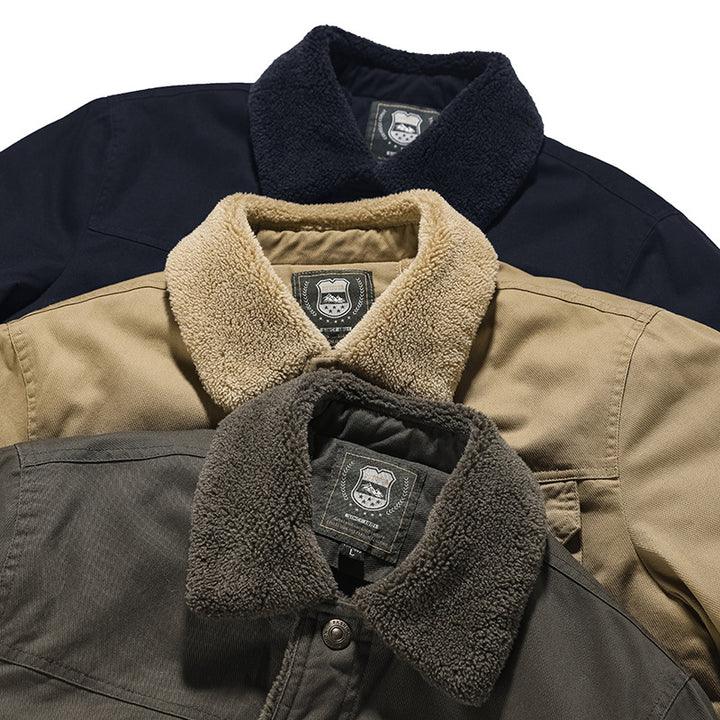 Herren Canvas-Fieldjacke mit Teddyfutter, Brusttasche und Druckknopfverschluss – Taviero