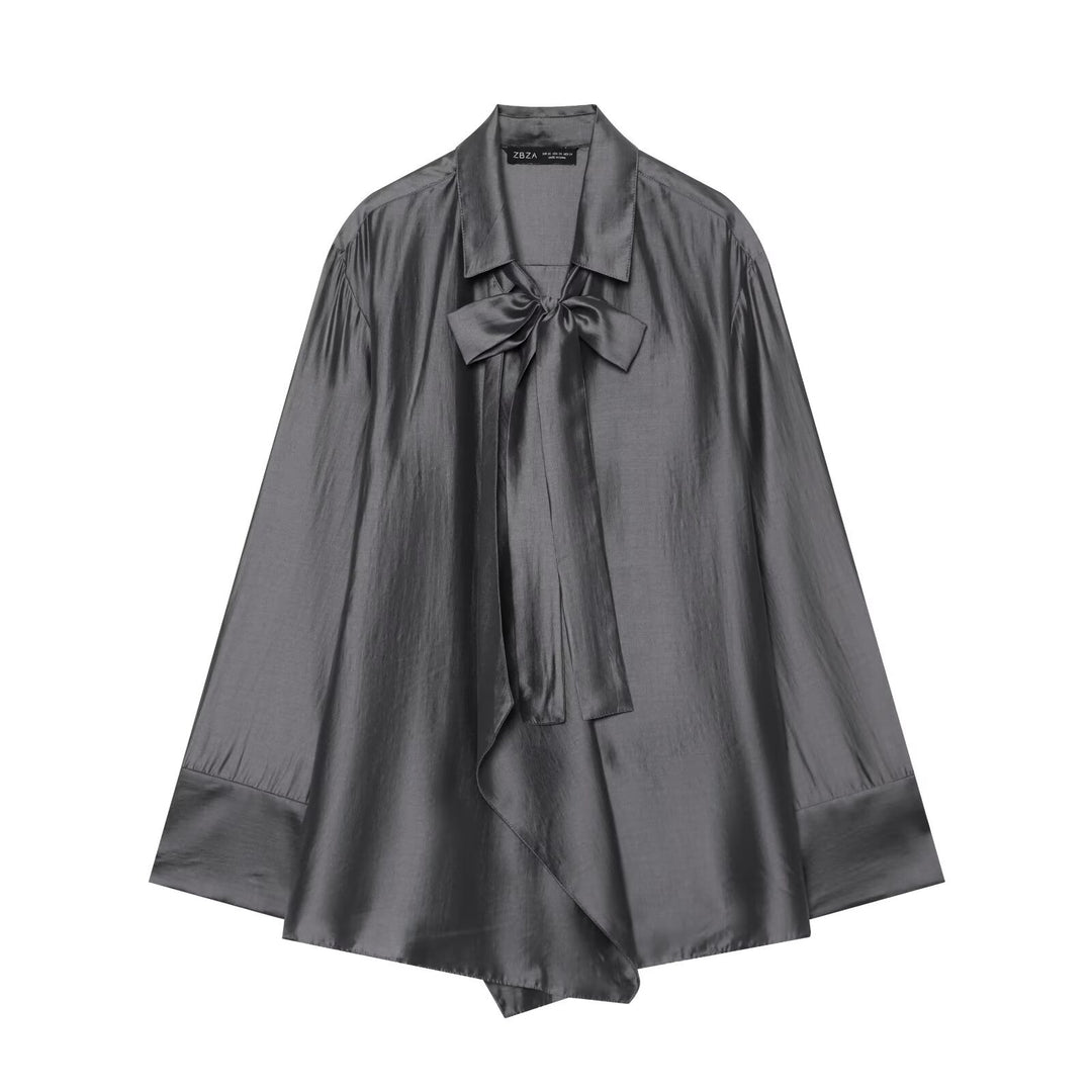 Damen Oversize-Seidenoptik-Bluse mit Schleifenkragen und asymmetrischem Saum Echoarchiv