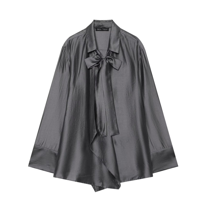 Damen Oversize-Seidenoptik-Bluse mit Schleifenkragen und asymmetrischem Saum Echoarchiv