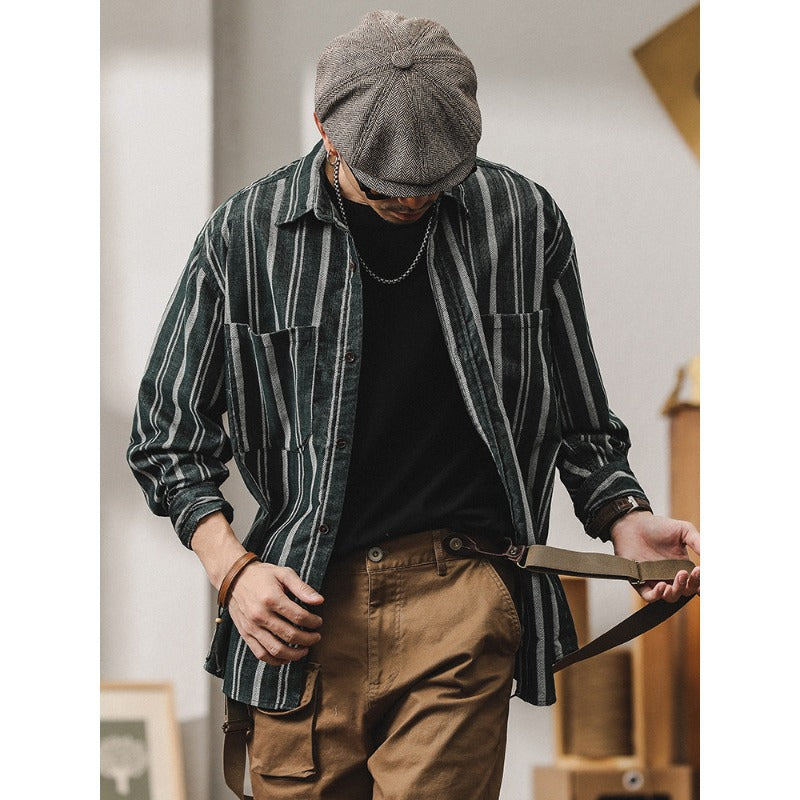 Herren Gestreiftes Overshirt-Hemd aus Baumwoll-Leinen mit Brusttaschen Echoarchiv