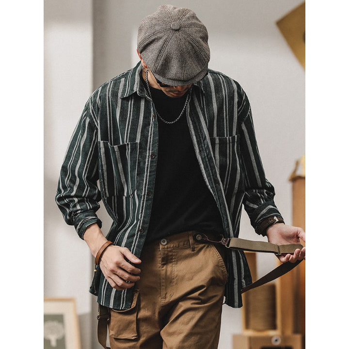 Herren Gestreiftes Overshirt-Hemd aus Baumwoll-Leinen mit Brusttaschen Echoarchiv