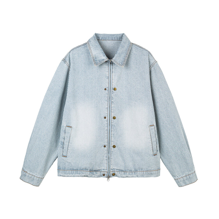 Damen Oversize-Denimjacke im Workwear-Stil mit feinen Streifen und Zwei-Wege-Reißverschluss Echoarchiv