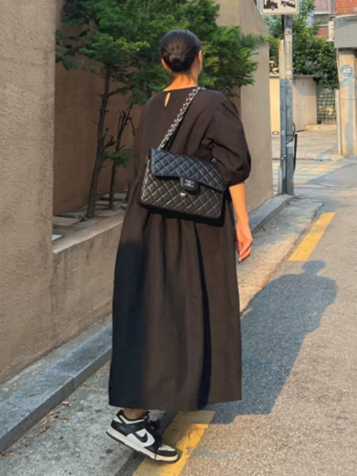 Damen Lässiges Maxi-Babydollkleid mit Puffärmeln und geraffter Taillenpartie – Valéora