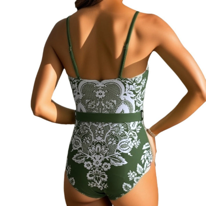 Damen modischer Einteiler Badeanzug mit elegantem Wickelrock und floralem Muster Echo Archiv