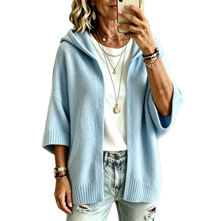 Damen Kapuzen-Longcardigan aus grobem Strick mit 3/4-Ärmeln und offener Front – Veloura