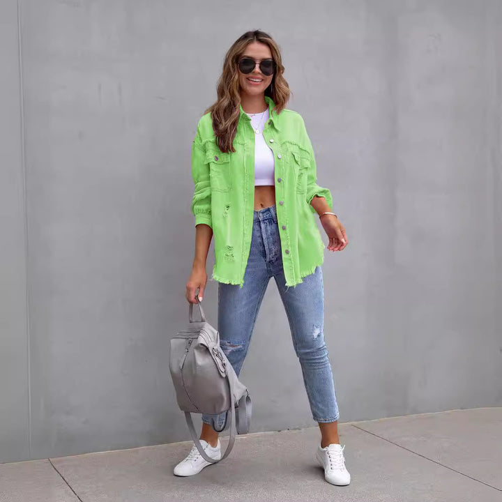 Damen nan oversized Jeanshemdjacke mit ausgefranstem Saum und distressed Details Echo Archiv
